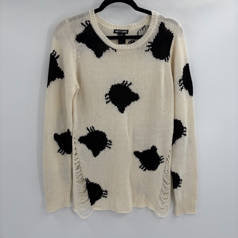 Hot Topic Black and Cream Distressed Women's Sweater emo punk retro indie medium